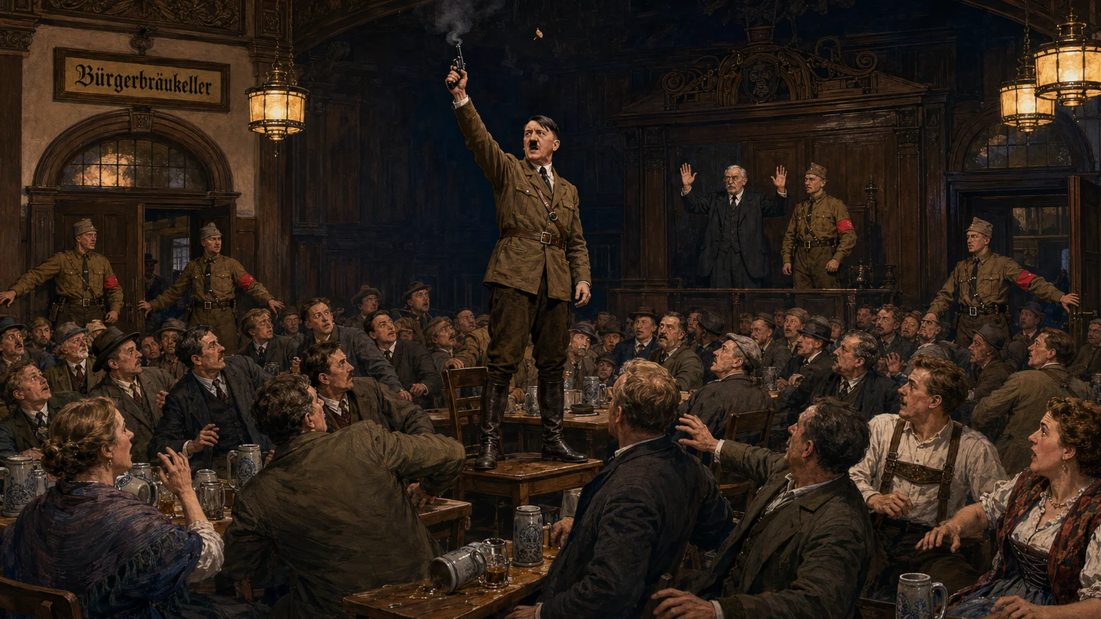 Hitler declares the national revolution from a chair in Munich's Burgerbraukeller beer hall, November 1923, as SA men block the exits