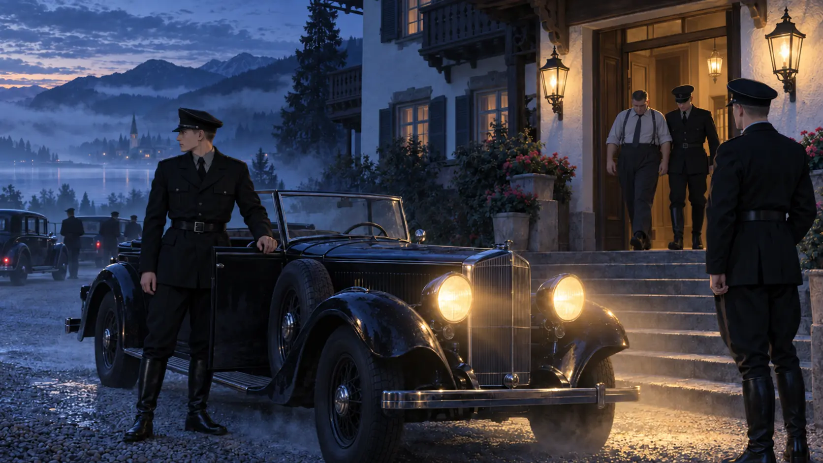 SS men and a black car wait outside a Bavarian lakeside hotel at dawn on 30 June 1934 as a plainly dressed man is quietly escorted out