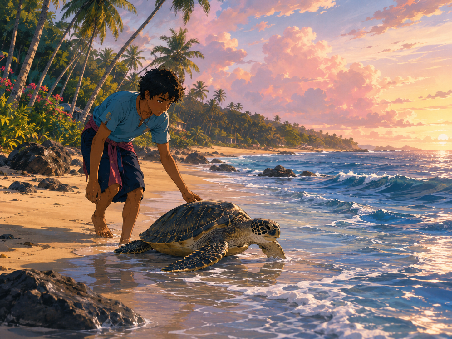 A young conservationist helps a green sea turtle back to the ocean at sunset - World Sea Turtle Day