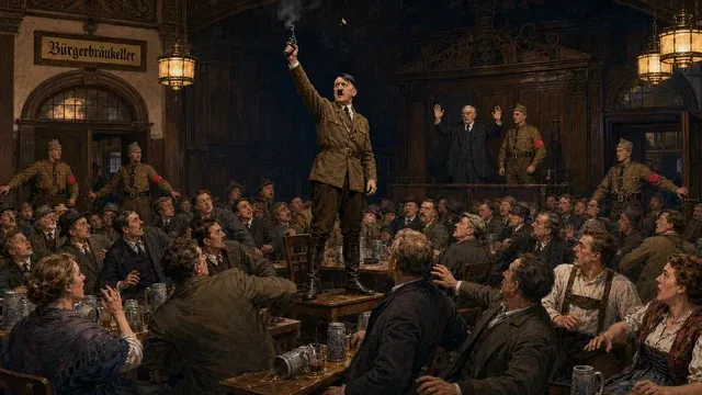 Hitler declares the national revolution from a chair in Munich's Burgerbraukeller beer hall, November 1923, as SA men block the exits