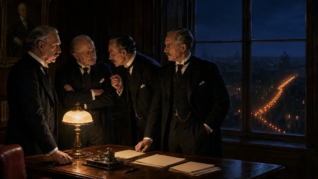 A small group of formally dressed conservative politicians conferring in a panelled Berlin office in January 1933, with a torch-lit procession visible through the window behind them