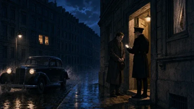 An SS officer checks papers at a Berlin doorway while a Gestapo car waits, 1930s Nazi Germany