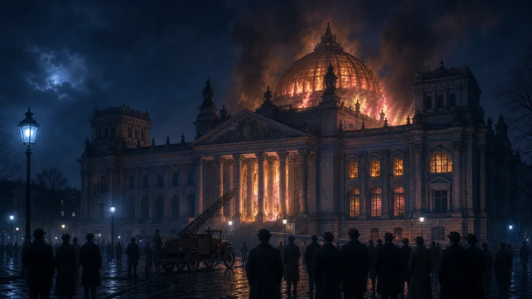 The Reichstag building burning against the night sky in Berlin, February 1933, with small distant figures watching from the street below